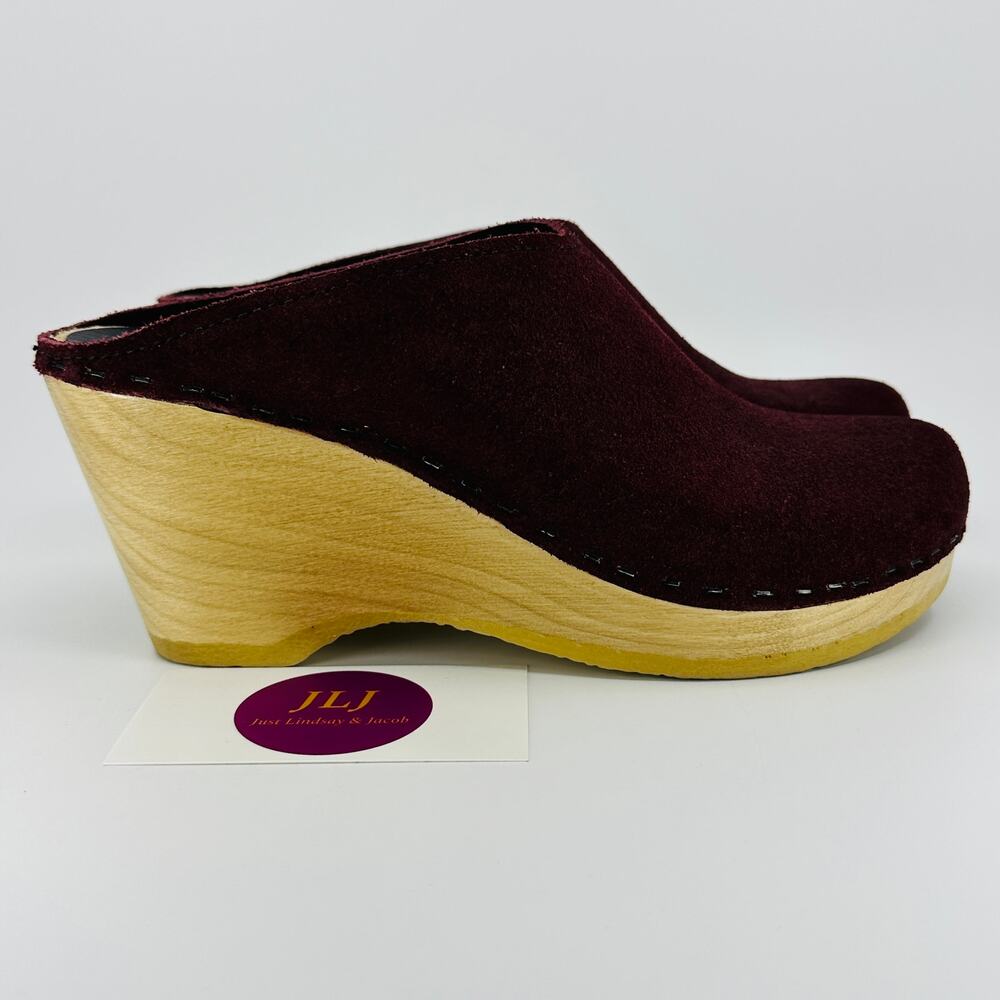 No. 6 Store Women's New School Burgundy Suede Wedge Wooden Clogs Size 37/ 7 US